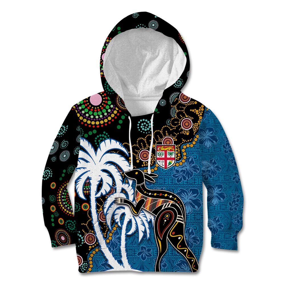 Fiji Palm Tree and Australia Kangaroo Kid Hoodie Aboriginal Mix Tapa Pattern