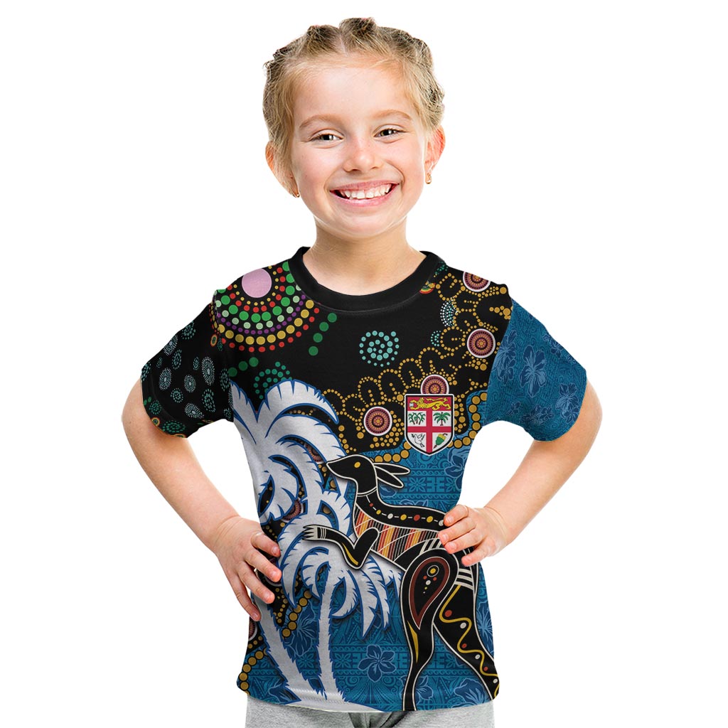 Fiji Palm Tree and Australia Kangaroo Kid T Shirt Aboriginal Mix Tapa Pattern