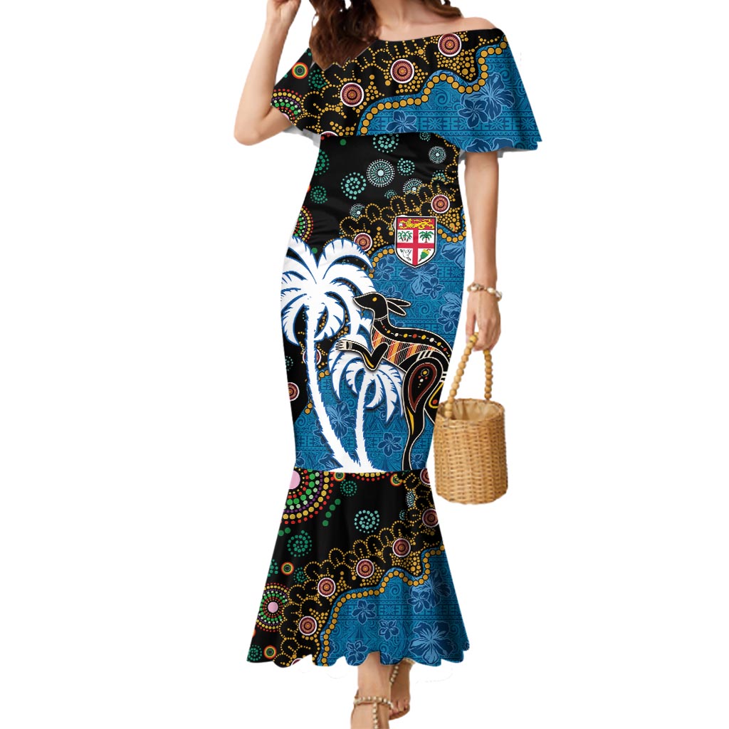 Fiji Palm Tree and Australia Kangaroo Mermaid Dress Aboriginal Mix Tapa Pattern