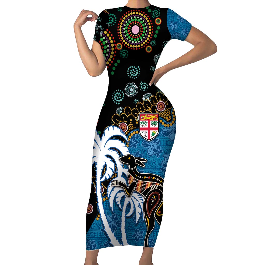 Fiji Palm Tree and Australia Kangaroo Short Sleeve Bodycon Dress Aboriginal Mix Tapa Pattern