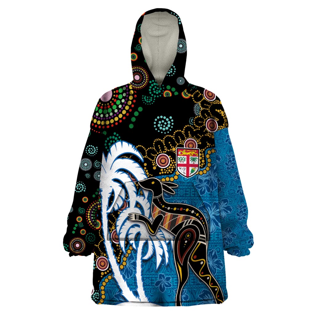 Fiji Palm Tree and Australia Kangaroo Wearable Blanket Hoodie Aboriginal Mix Tapa Pattern