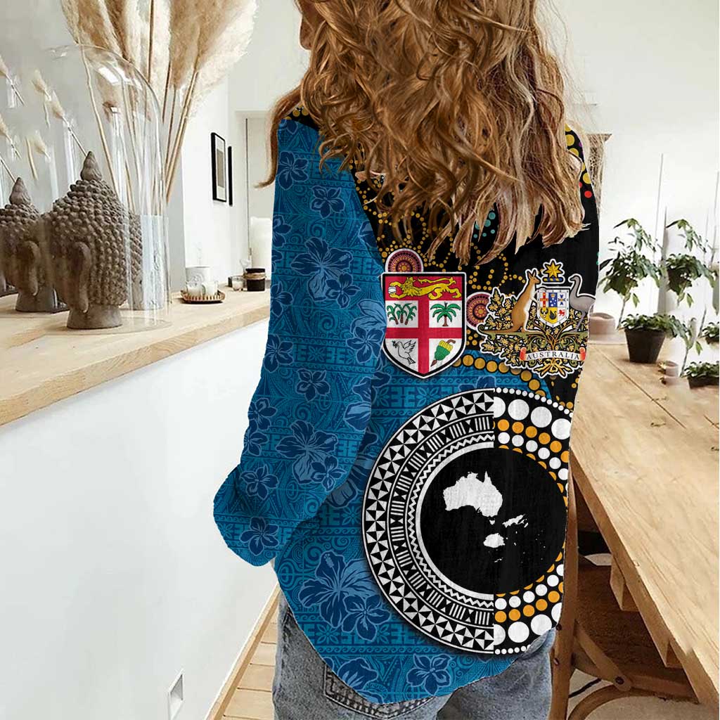 Fiji Palm Tree and Australia Kangaroo Women Casual Shirt Aboriginal Mix Tapa Pattern LT03