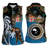 Fiji Palm Tree and Australia Kangaroo Women Sleeveless Polo Shirt Aboriginal Mix Tapa Pattern