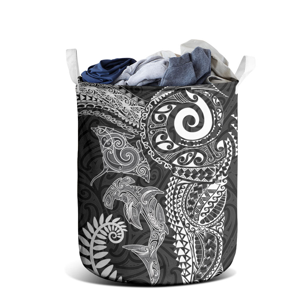 Aotearoa Maori Sea Animals Tribal Laundry Basket Manta Ray and Shark Moko Pattern Black Color