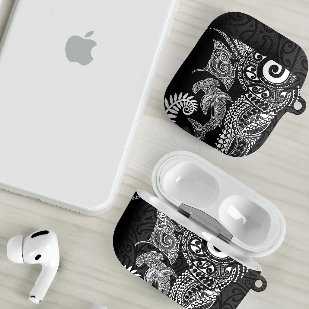 Aotearoa Maori Sea Animals Tribal AirPods Case Manta Ray and Shark Moko Pattern Black Color