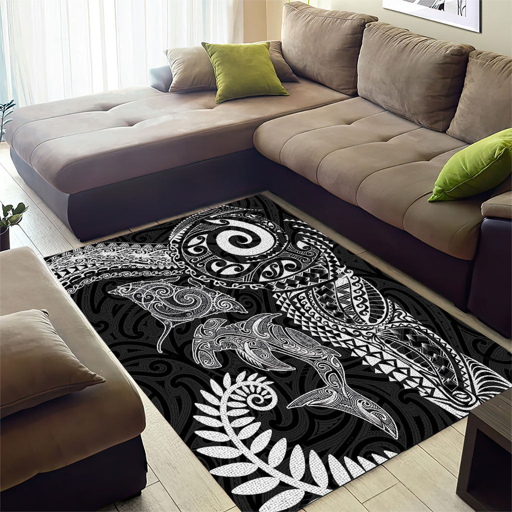Aotearoa Maori Sea Animals Tribal Area Rug Manta Ray and Shark Moko Pattern Black Color LT03 - Polynesian Pride