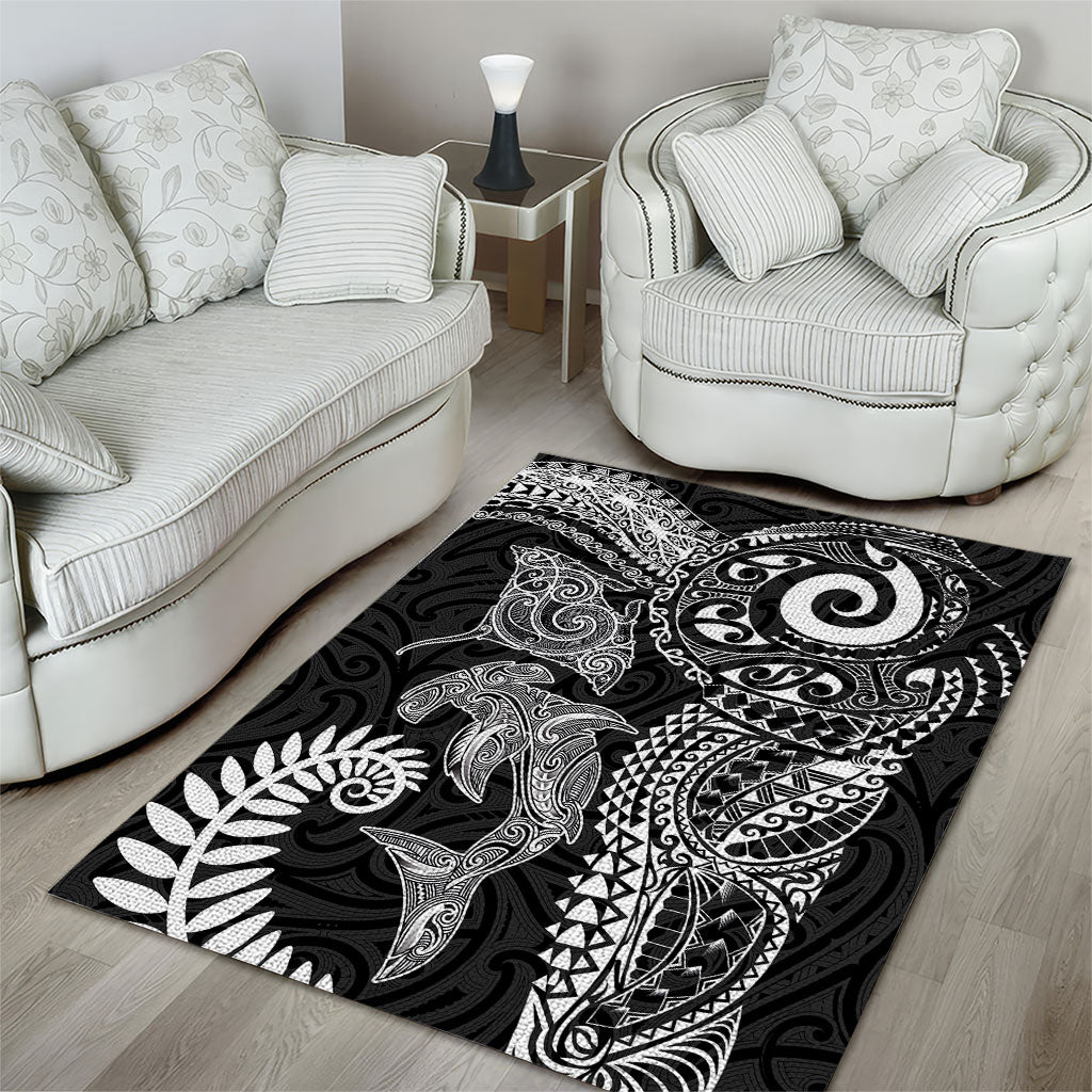 Aotearoa Maori Sea Animals Tribal Area Rug Manta Ray and Shark Moko Pattern Black Color LT03 - Polynesian Pride