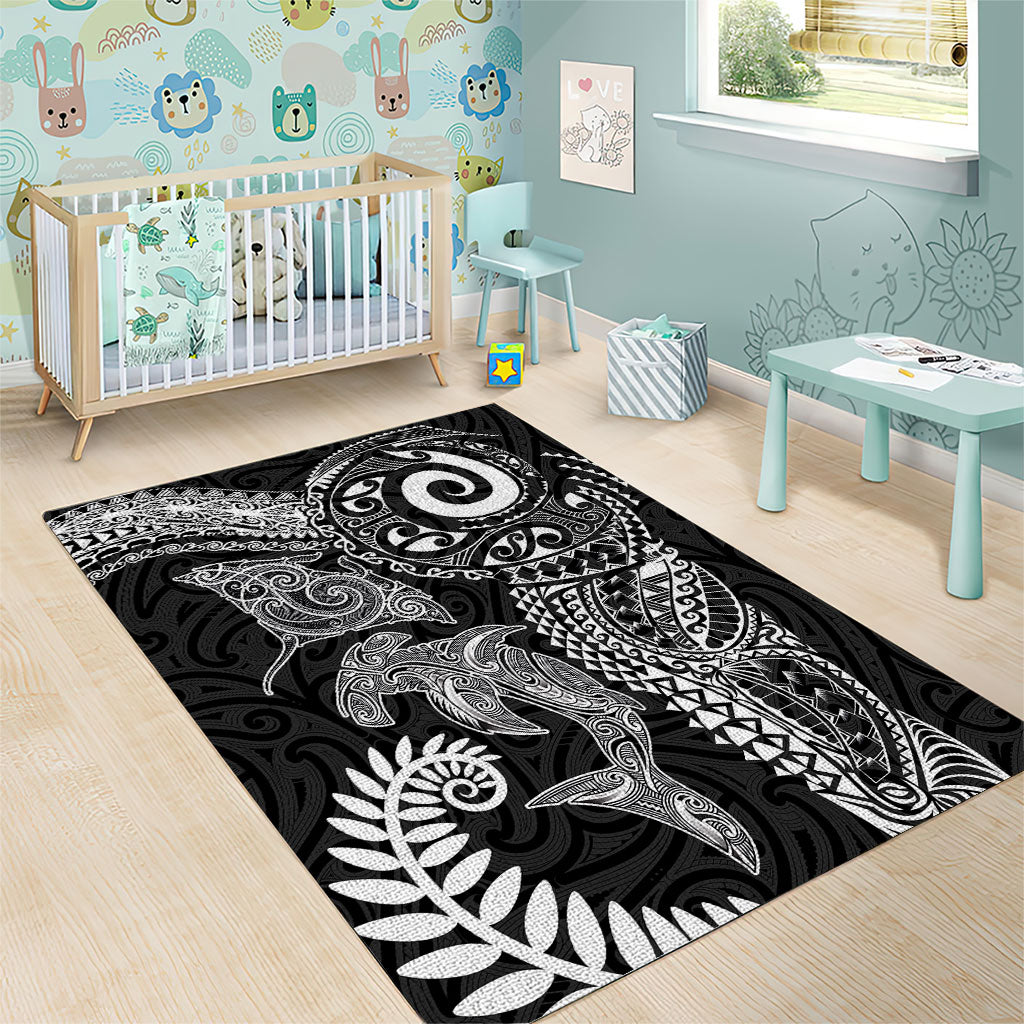Aotearoa Maori Sea Animals Tribal Area Rug Manta Ray and Shark Moko Pattern Black Color LT03 - Polynesian Pride