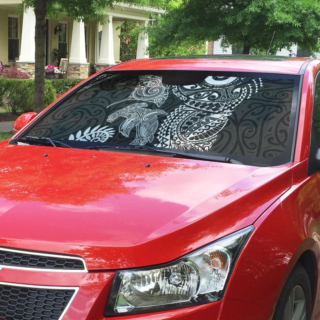 Aotearoa Maori Sea Animals Tribal Auto Sun Shade Manta Ray and Shark Moko Pattern Black Color LT03 - Polynesian Pride