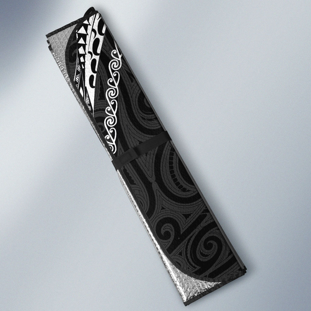 Aotearoa Maori Sea Animals Tribal Auto Sun Shade Manta Ray and Shark Moko Pattern Black Color LT03 - Polynesian Pride