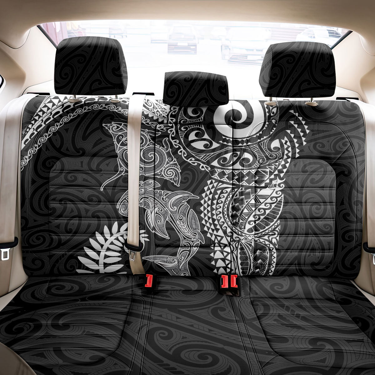 Aotearoa Maori Sea Animals Tribal Back Car Seat Cover Manta Ray and Shark Moko Pattern Black Color