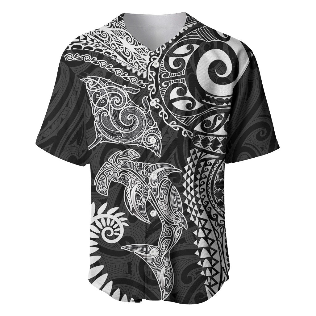 Aotearoa Maori Sea Animals Tribal Baseball Jersey Manta Ray and Shark Moko Pattern Black Color LT03 Black - Polynesian Pride