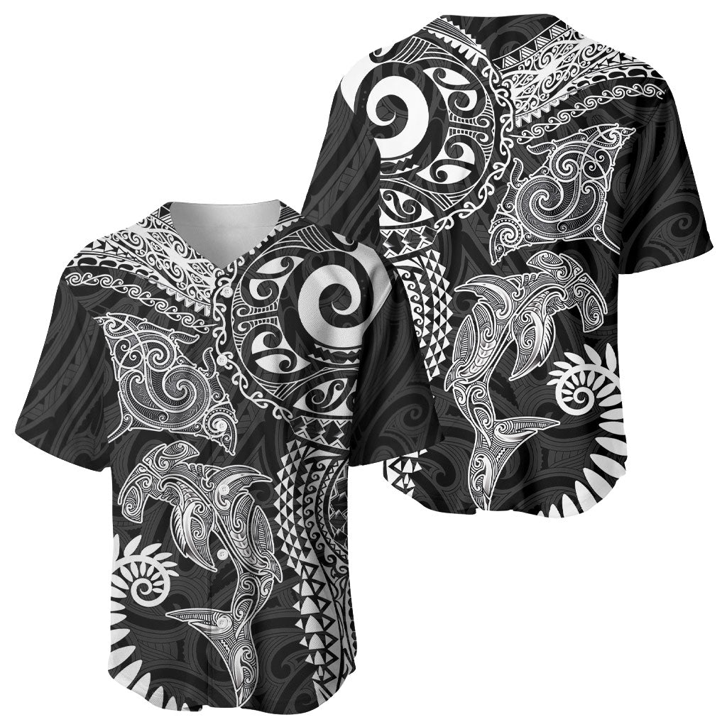 Aotearoa Maori Sea Animals Tribal Baseball Jersey Manta Ray and Shark Moko Pattern Black Color LT03 - Polynesian Pride