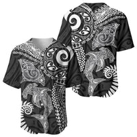 Aotearoa Maori Sea Animals Tribal Baseball Jersey Manta Ray and Shark Moko Pattern Black Color LT03 - Polynesian Pride
