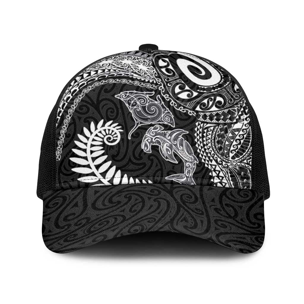 Aotearoa Maori Sea Animals Tribal Baseball Net Cap Manta Ray and Shark Moko Pattern Black Color LT03 One Size Black Black - Polynesian Pride