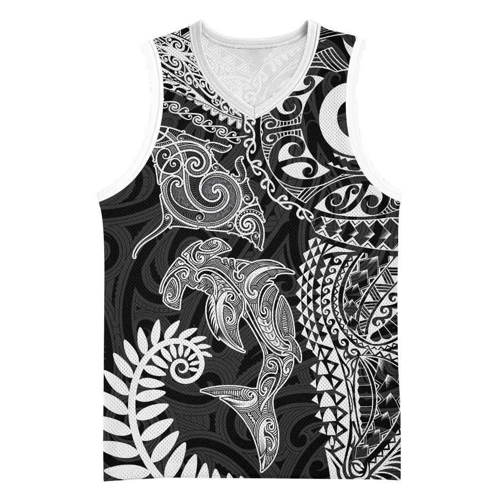 Aotearoa Maori Sea Animals Tribal Basketball Jersey Manta Ray and Shark Moko Pattern Black Color LT03 Unisex Black - Polynesian Pride