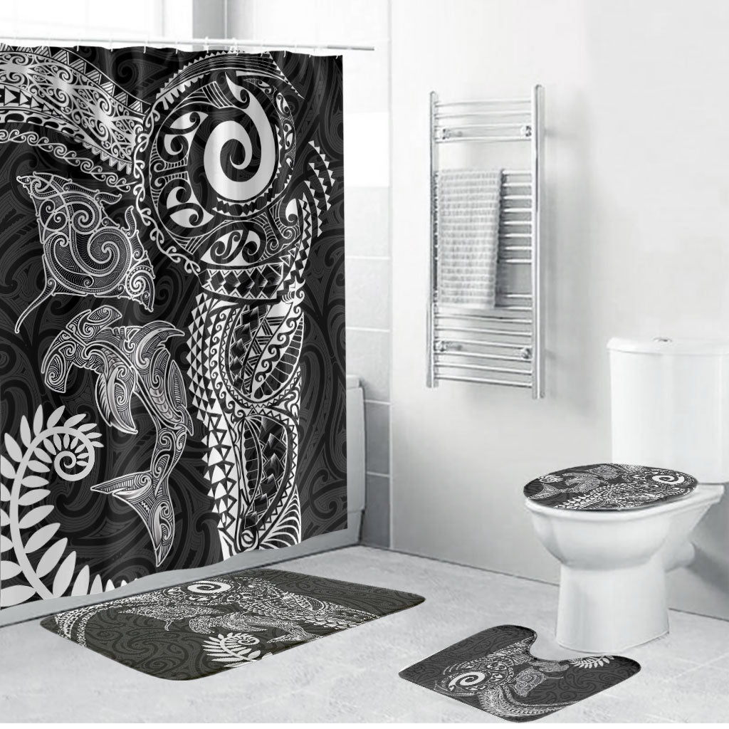 Aotearoa Maori Sea Animals Tribal Bathroom Set Manta Ray and Shark Moko Pattern Black Color LT03 Bathroom Set (4 pcs) Black - Polynesian Pride