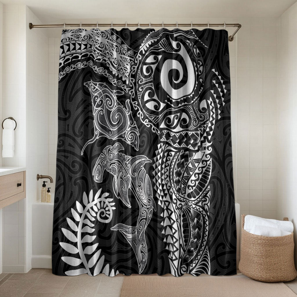 Aotearoa Maori Sea Animals Tribal Bathroom Set Manta Ray and Shark Moko Pattern Black Color