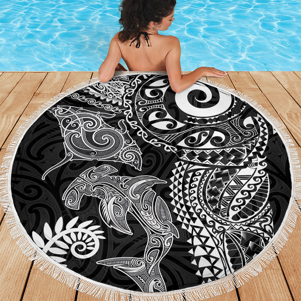 Aotearoa Maori Sea Animals Tribal Beach Blanket Manta Ray and Shark Moko Pattern Black Color LT03 - Polynesian Pride