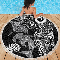 Aotearoa Maori Sea Animals Tribal Beach Blanket Manta Ray and Shark Moko Pattern Black Color LT03 - Polynesian Pride