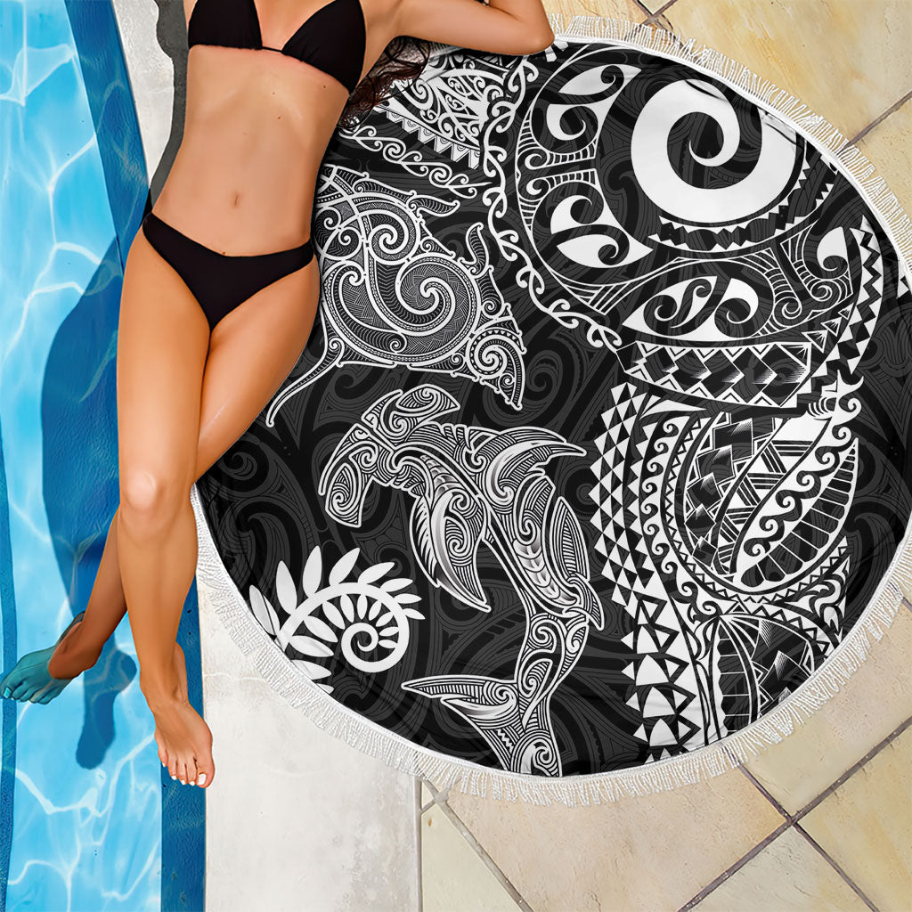 Aotearoa Maori Sea Animals Tribal Beach Blanket Manta Ray and Shark Moko Pattern Black Color LT03 - Polynesian Pride