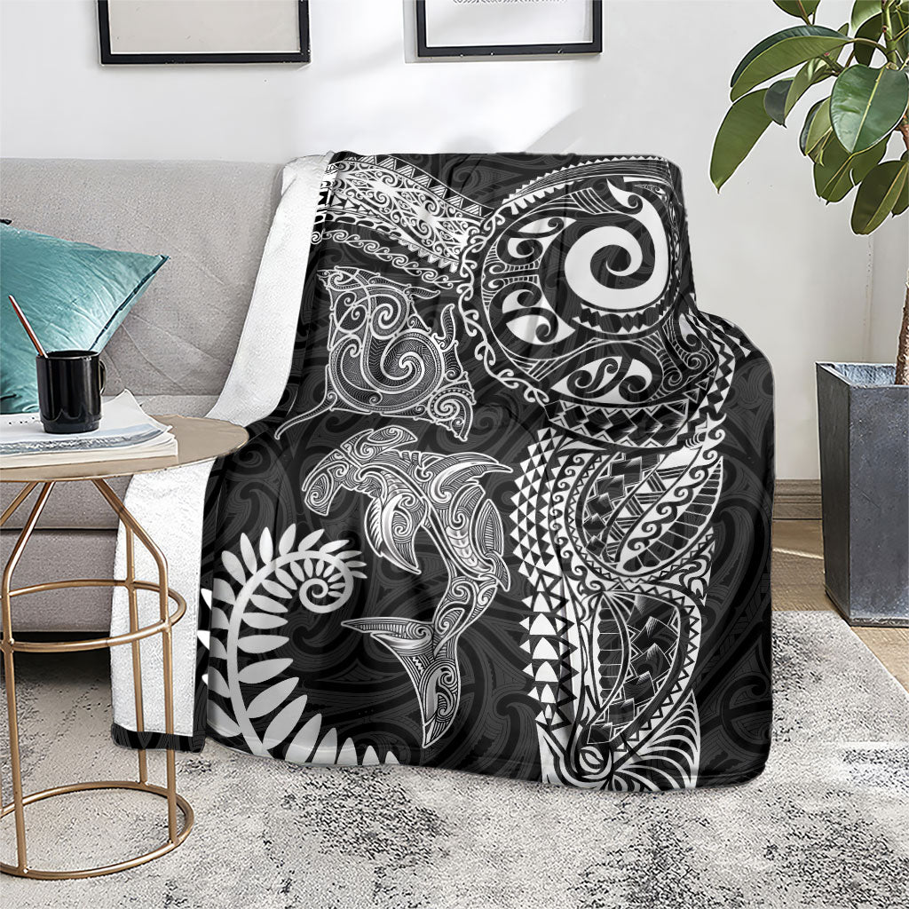 Aotearoa Maori Sea Animals Tribal Blanket Manta Ray and Shark Moko Pattern Black Color