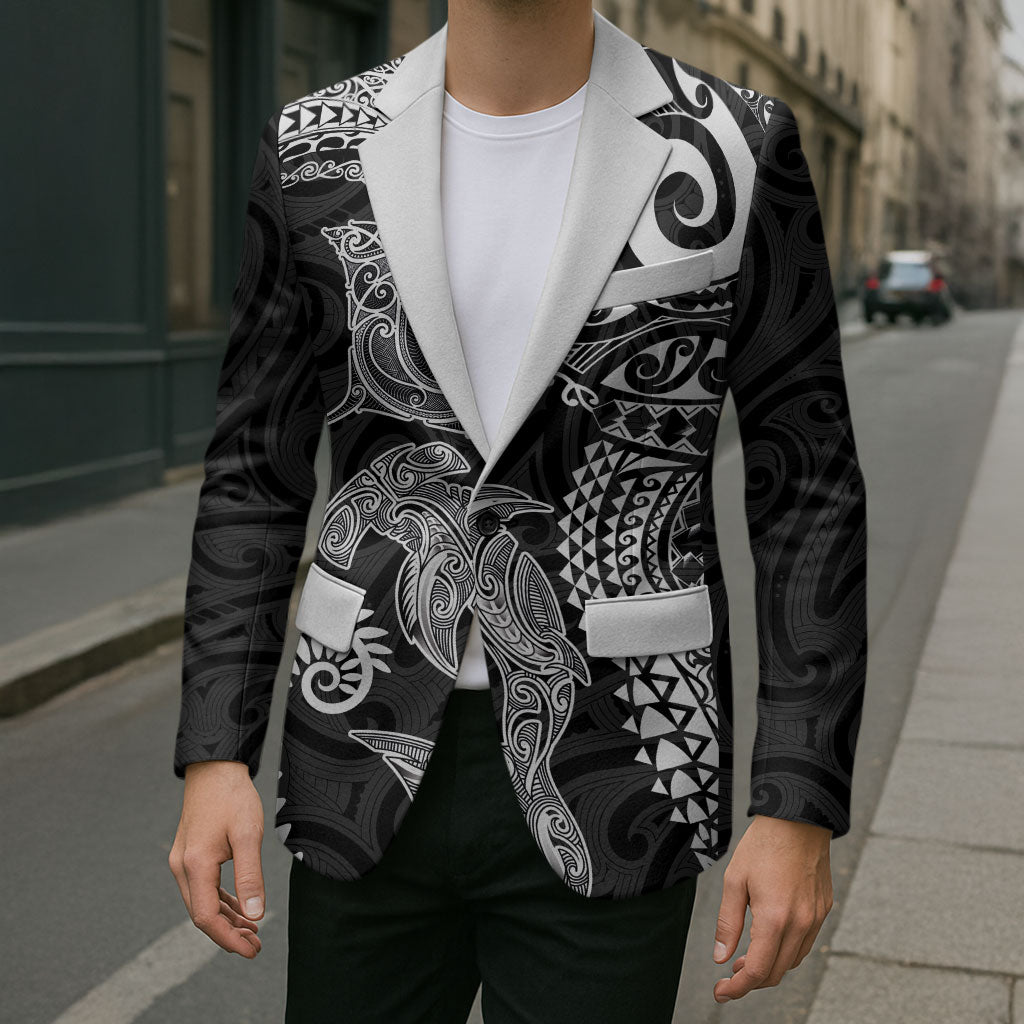 Aotearoa Maori Sea Animals Tribal Blazer Manta Ray and Shark Moko Pattern Black Color