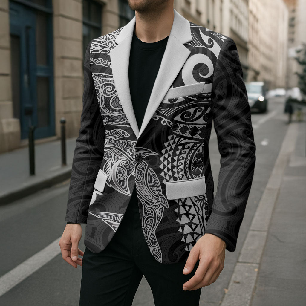 Aotearoa Maori Sea Animals Tribal Blazer Manta Ray and Shark Moko Pattern Black Color