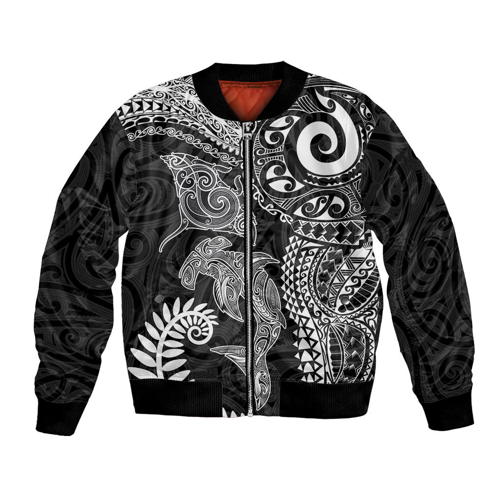 Aotearoa Maori Sea Animals Tribal Bomber Jacket Manta Ray and Shark Moko Pattern Black Color LT03 Unisex Black - Polynesian Pride
