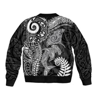 Aotearoa Maori Sea Animals Tribal Bomber Jacket Manta Ray and Shark Moko Pattern Black Color