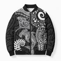 Aotearoa Maori Sea Animals Tribal Bomber Puffer Jacket Manta Ray and Shark Moko Pattern Black Color LT03 Unisex Black - Polynesian Pride