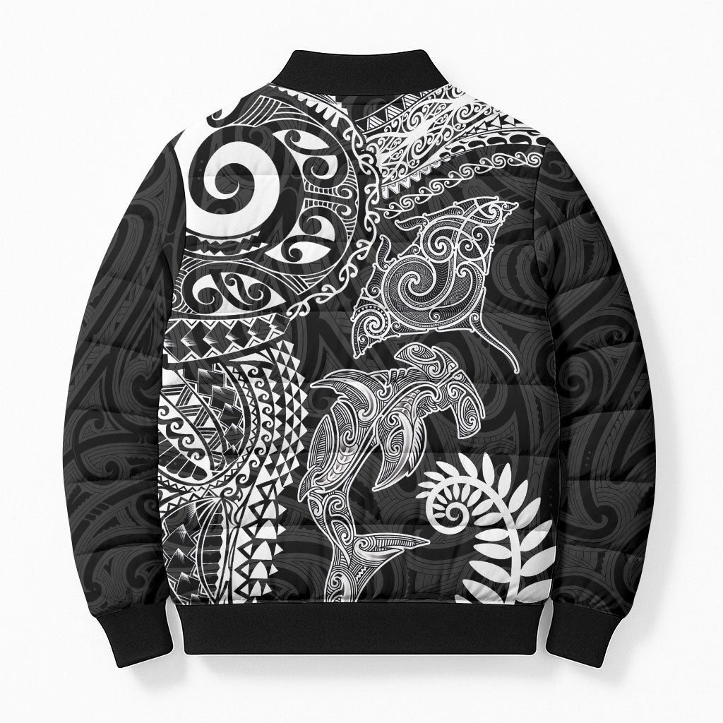 Aotearoa Maori Sea Animals Tribal Bomber Puffer Jacket Manta Ray and Shark Moko Pattern Black Color LT03 - Polynesian Pride