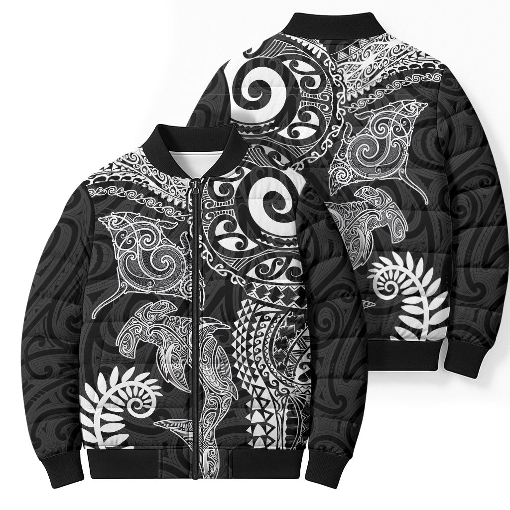 Aotearoa Maori Sea Animals Tribal Bomber Puffer Jacket Manta Ray and Shark Moko Pattern Black Color LT03 - Polynesian Pride