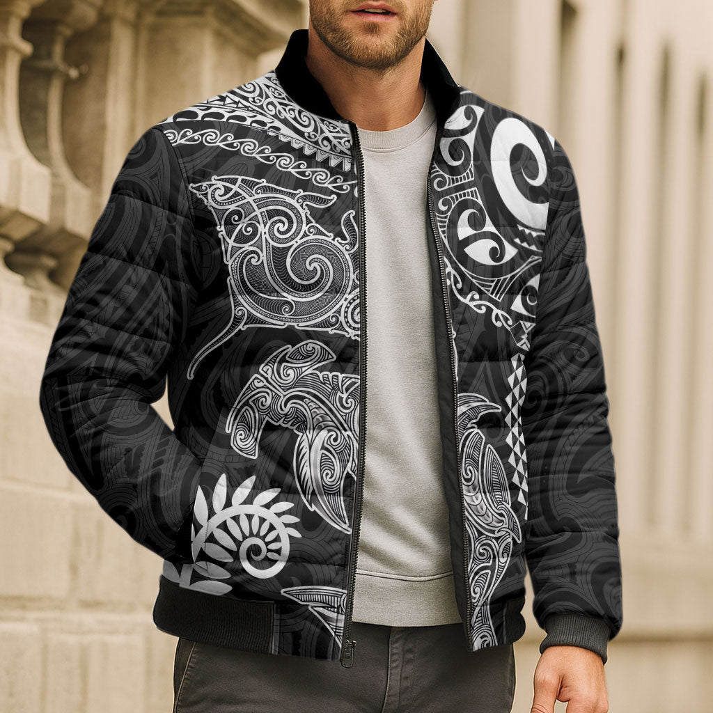 Aotearoa Maori Sea Animals Tribal Bomber Puffer Jacket Manta Ray and Shark Moko Pattern Black Color LT03 - Polynesian Pride