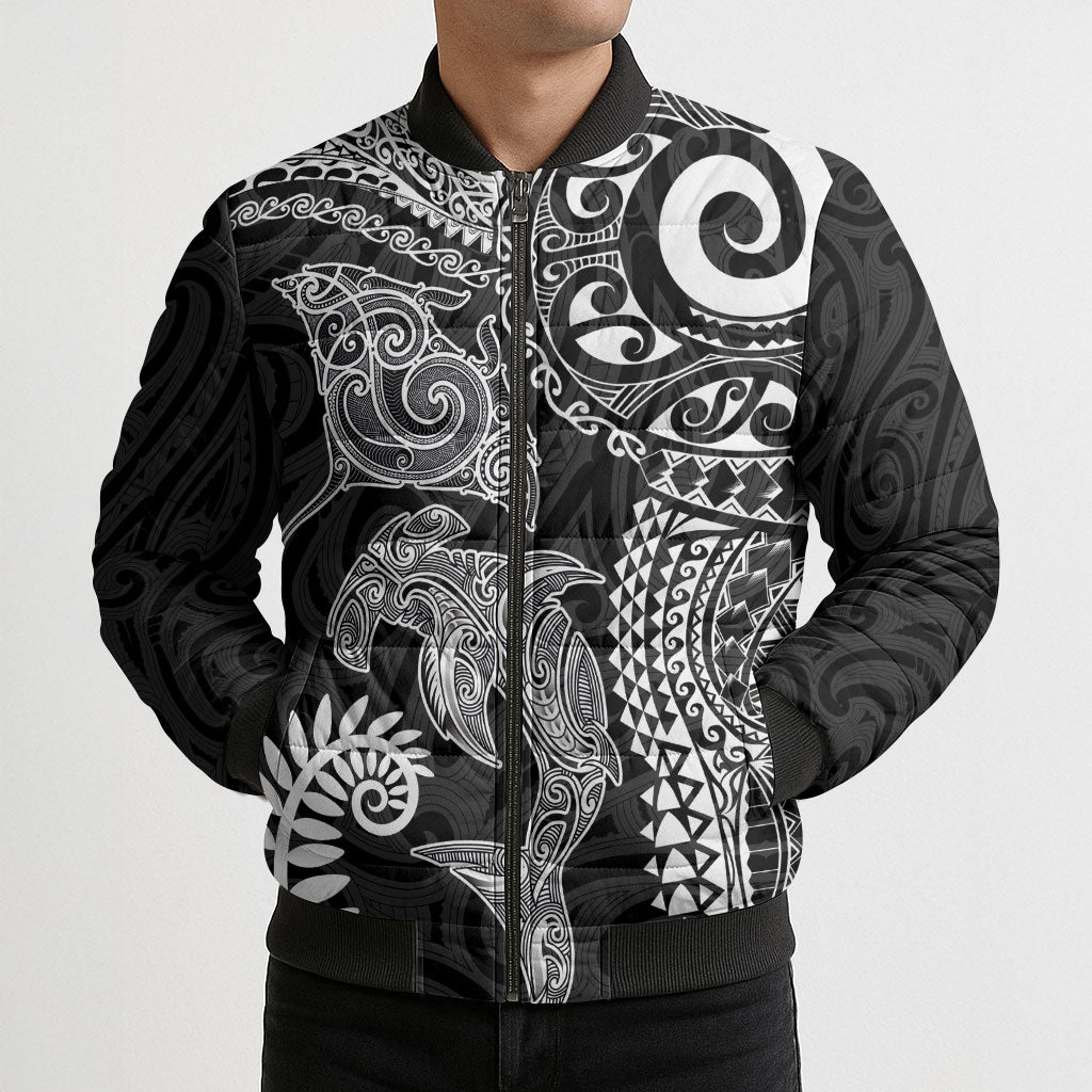 Aotearoa Maori Sea Animals Tribal Bomber Puffer Jacket Manta Ray and Shark Moko Pattern Black Color LT03 - Polynesian Pride
