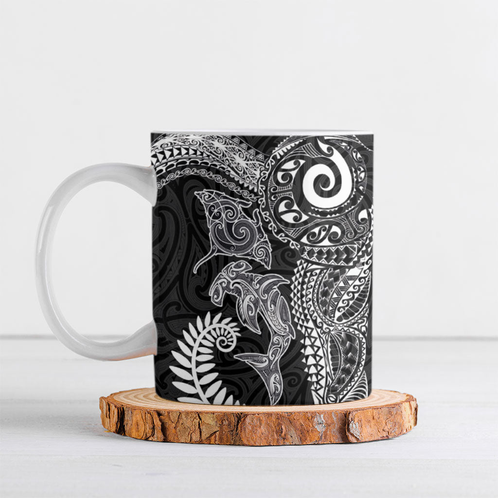 Aotearoa Maori Sea Animals Tribal Ceramic Mug Manta Ray and Shark Moko Pattern Black Color LT03 Black - Polynesian Pride