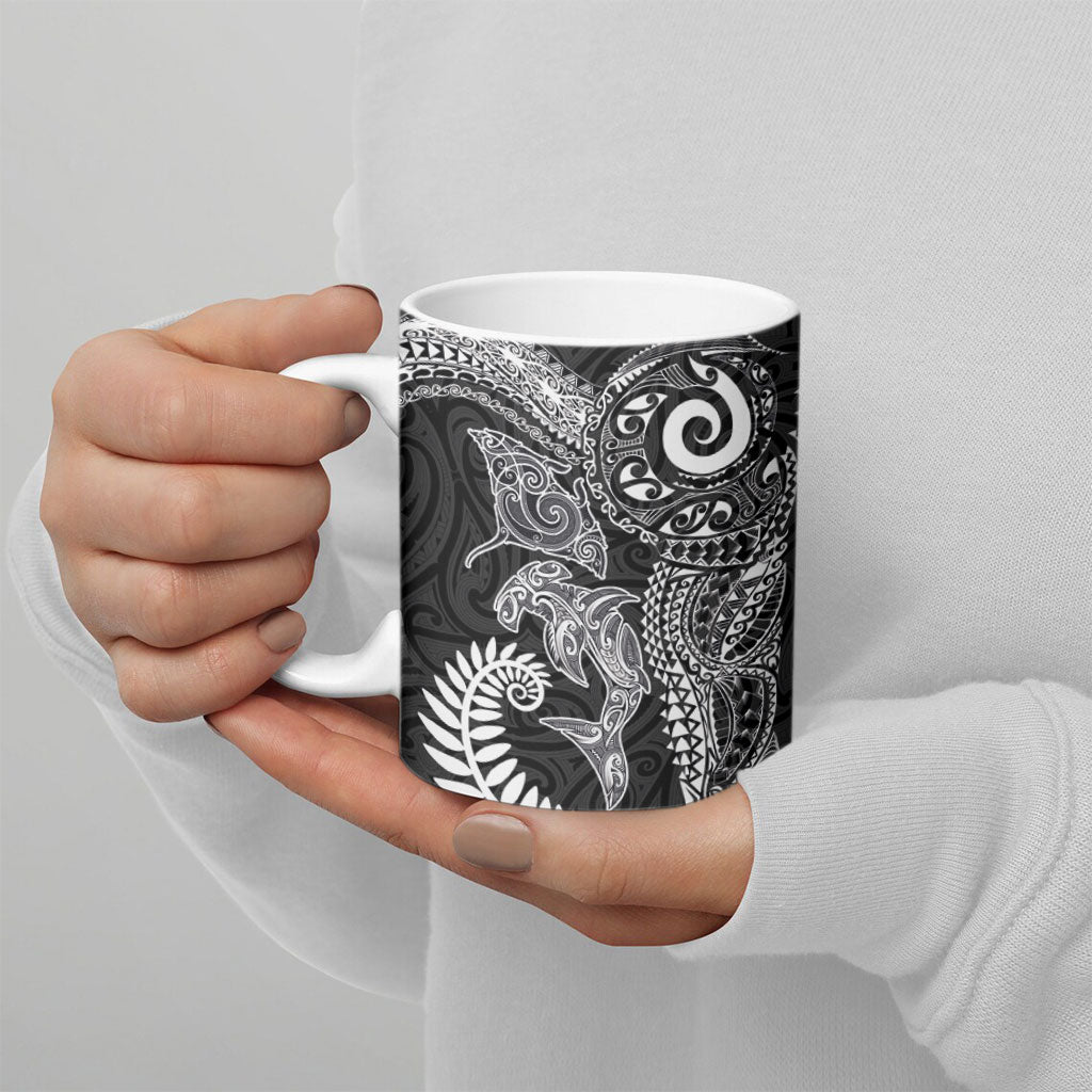 Aotearoa Maori Sea Animals Tribal Ceramic Mug Manta Ray and Shark Moko Pattern Black Color