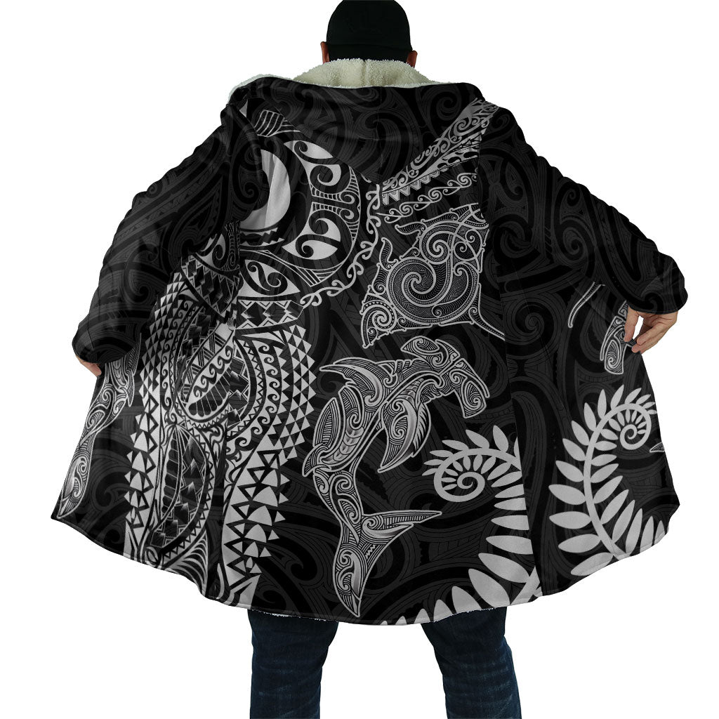 Aotearoa Maori Sea Animals Tribal Cloak Manta Ray and Shark Moko Pattern Black Color LT03 - Polynesian Pride
