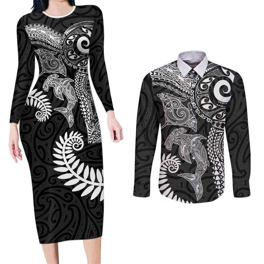 Aotearoa Maori Sea Animals Tribal Couples Matching Long Sleeve Bodycon Dress and Long Sleeve Button Shirt Manta Ray and Shark Moko Pattern Black Color