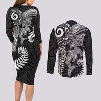 Aotearoa Maori Sea Animals Tribal Couples Matching Long Sleeve Bodycon Dress and Long Sleeve Button Shirt Manta Ray and Shark Moko Pattern Black Color