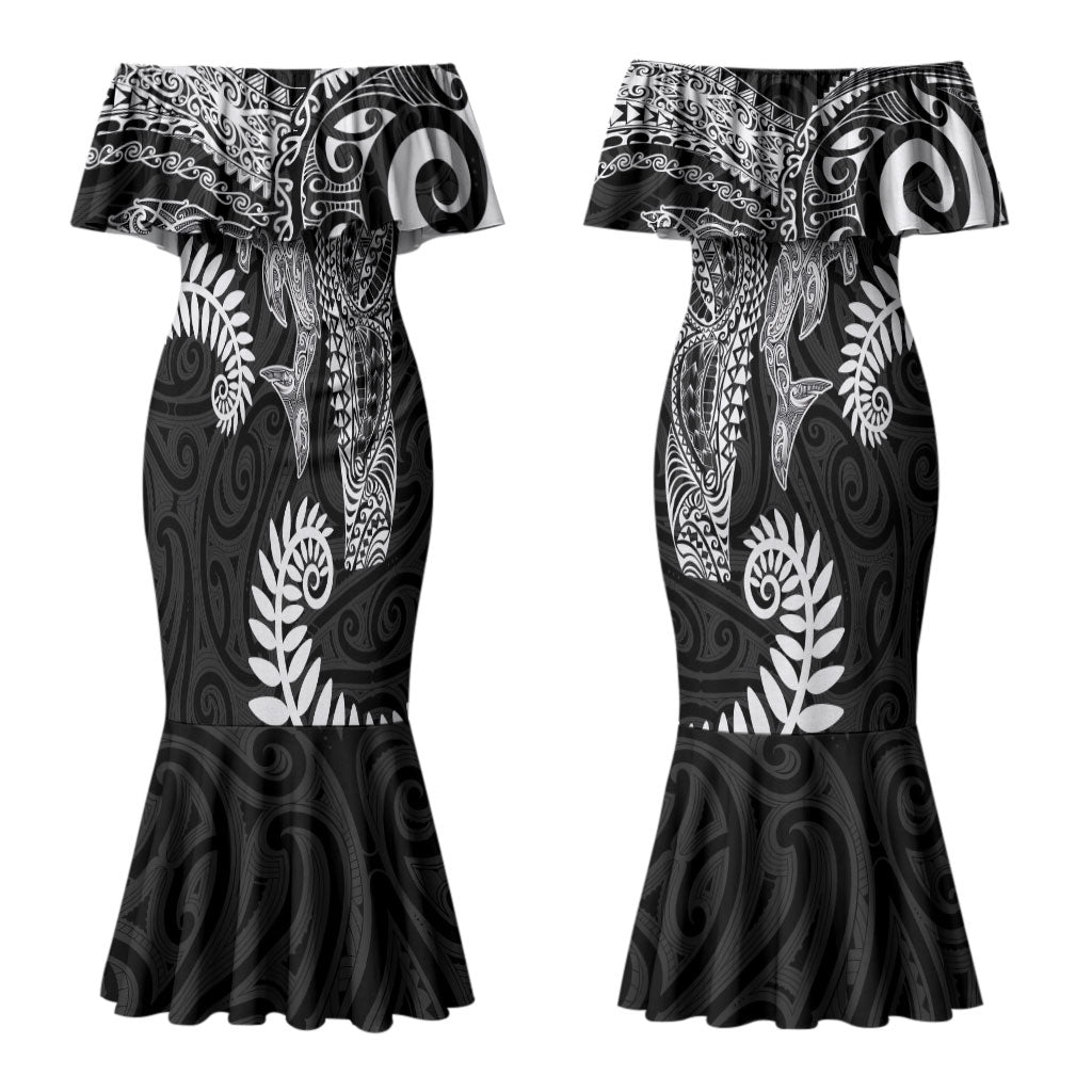 Aotearoa Maori Sea Animals Tribal Couples Matching Mermaid Dress and Hawaiian Shirt Manta Ray and Shark Moko Pattern Black Color LT03 - Polynesian Pride