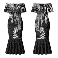 Aotearoa Maori Sea Animals Tribal Couples Matching Mermaid Dress and Hawaiian Shirt Manta Ray and Shark Moko Pattern Black Color LT03 - Polynesian Pride