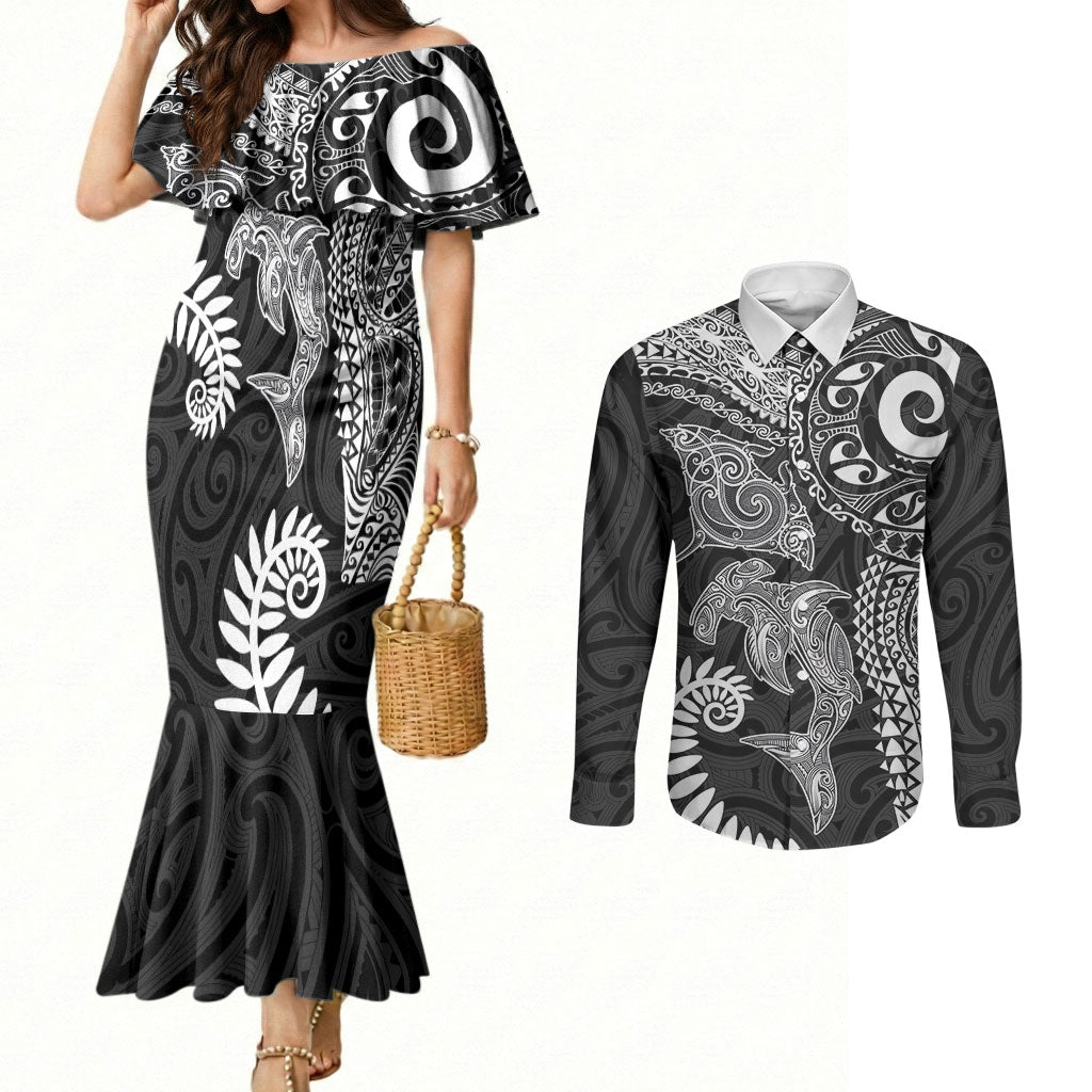 Aotearoa Maori Sea Animals Tribal Couples Matching Mermaid Dress and Long Sleeve Button Shirt Manta Ray and Shark Moko Pattern Black Color LT03 Black - Polynesian Pride