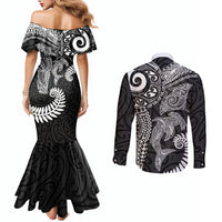 Aotearoa Maori Sea Animals Tribal Couples Matching Mermaid Dress and Long Sleeve Button Shirt Manta Ray and Shark Moko Pattern Black Color