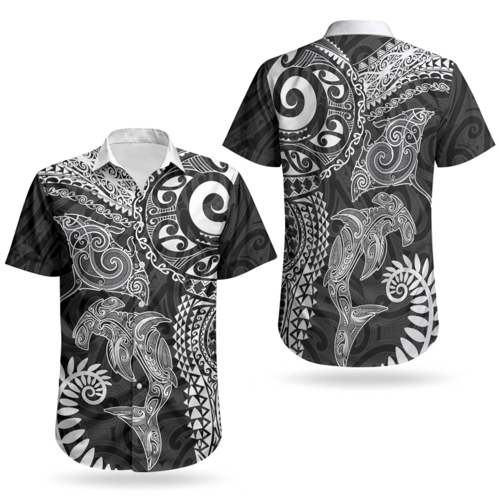 Aotearoa Maori Sea Animals Tribal Couples Matching Off Shoulder Short Dress and Hawaiian Shirt Manta Ray and Shark Moko Pattern Black Color LT03 - Polynesian Pride