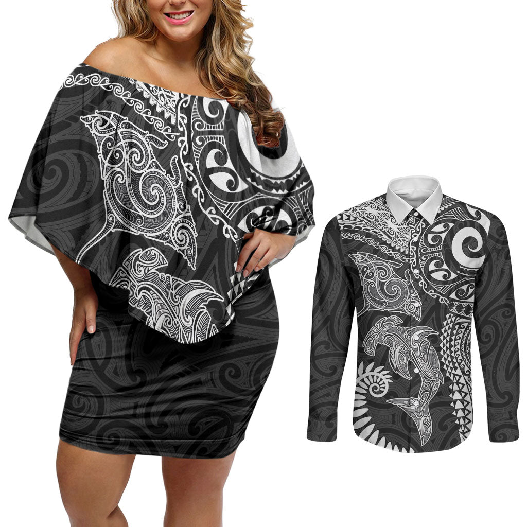Aotearoa Maori Sea Animals Tribal Couples Matching Off Shoulder Short Dress and Long Sleeve Button Shirt Manta Ray and Shark Moko Pattern Black Color LT03 Black - Polynesian Pride