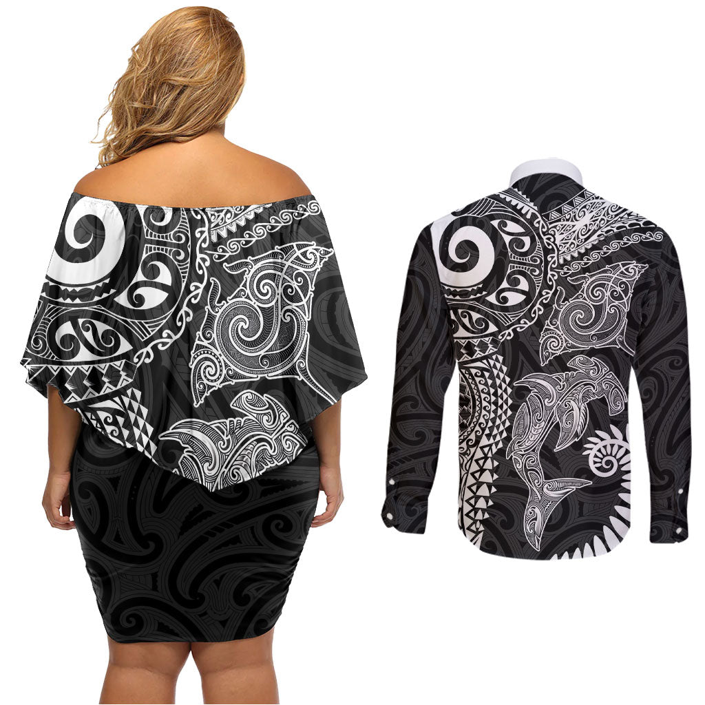 Aotearoa Maori Sea Animals Tribal Couples Matching Off Shoulder Short Dress and Long Sleeve Button Shirt Manta Ray and Shark Moko Pattern Black Color