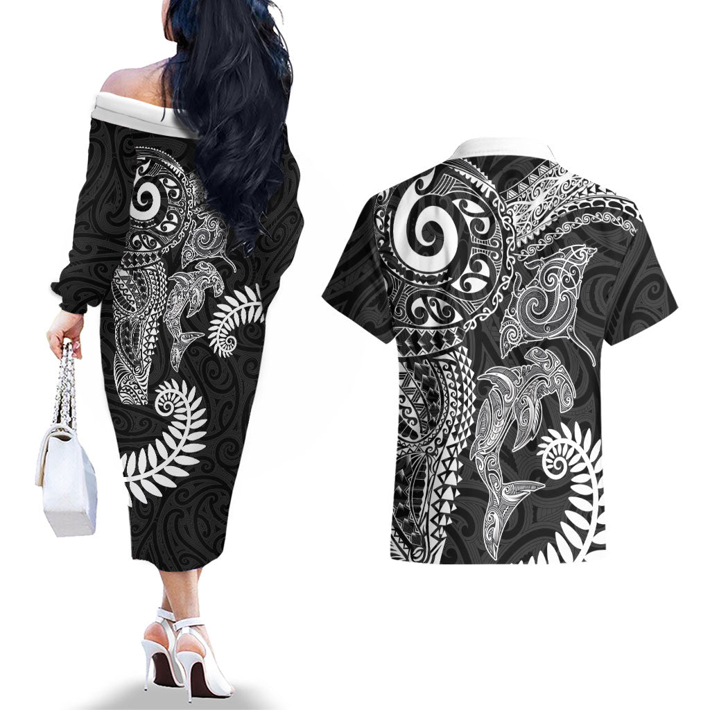 Aotearoa Maori Sea Animals Tribal Couples Matching Off The Shoulder Long Sleeve Dress and Hawaiian Shirt Manta Ray and Shark Moko Pattern Black Color