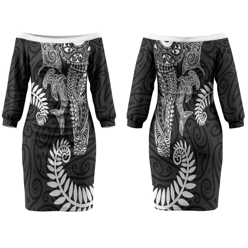 Aotearoa Maori Sea Animals Tribal Couples Matching Off The Shoulder Long Sleeve Dress and Long Sleeve Button Shirt Manta Ray and Shark Moko Pattern Black Color LT03 - Polynesian Pride