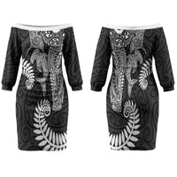 Aotearoa Maori Sea Animals Tribal Couples Matching Off The Shoulder Long Sleeve Dress and Long Sleeve Button Shirt Manta Ray and Shark Moko Pattern Black Color LT03 - Polynesian Pride